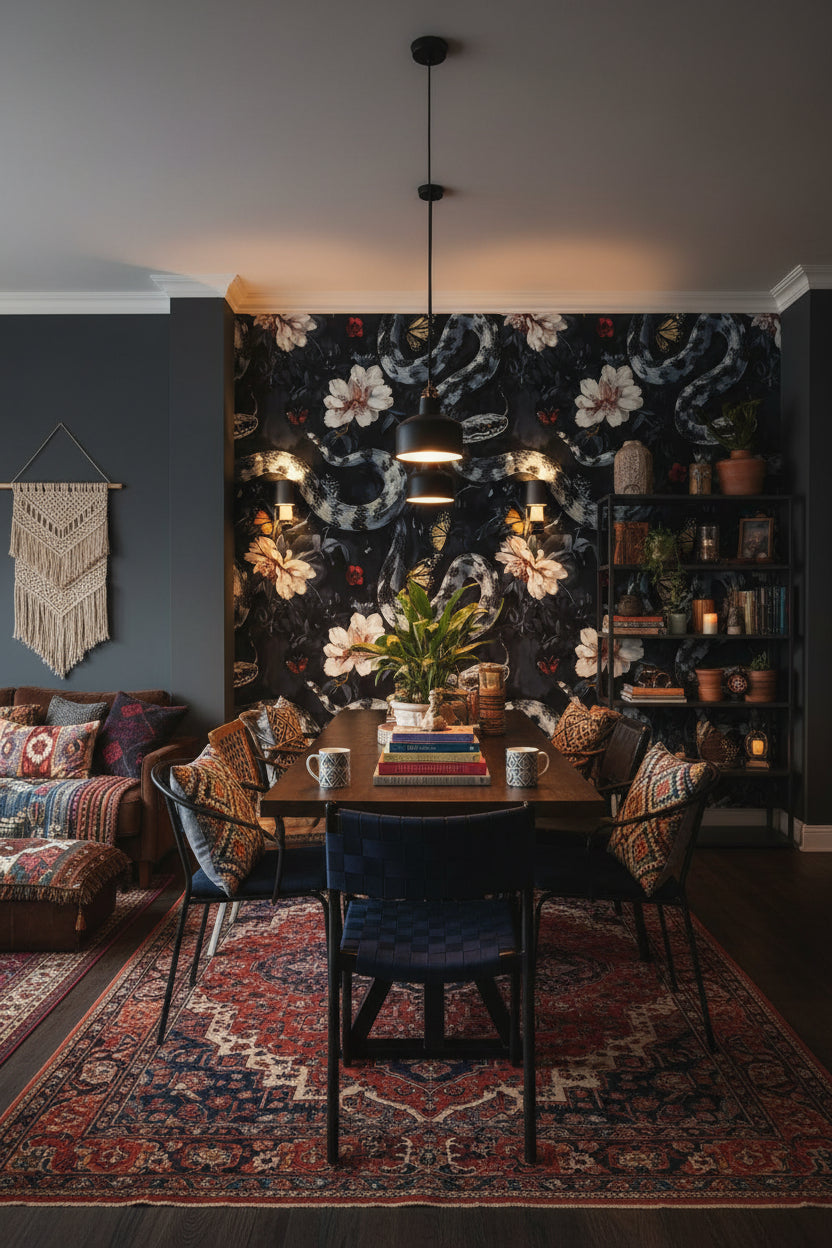 Floral Wallpaper Snake Dark Wall Mural