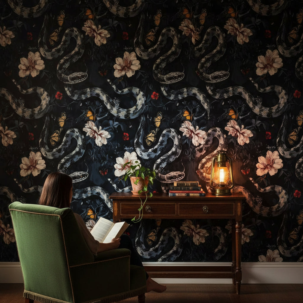 Dark Floral and Serpentine Motif Wallpaper