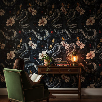 Dark Floral and Serpentine Motif Wallpaper