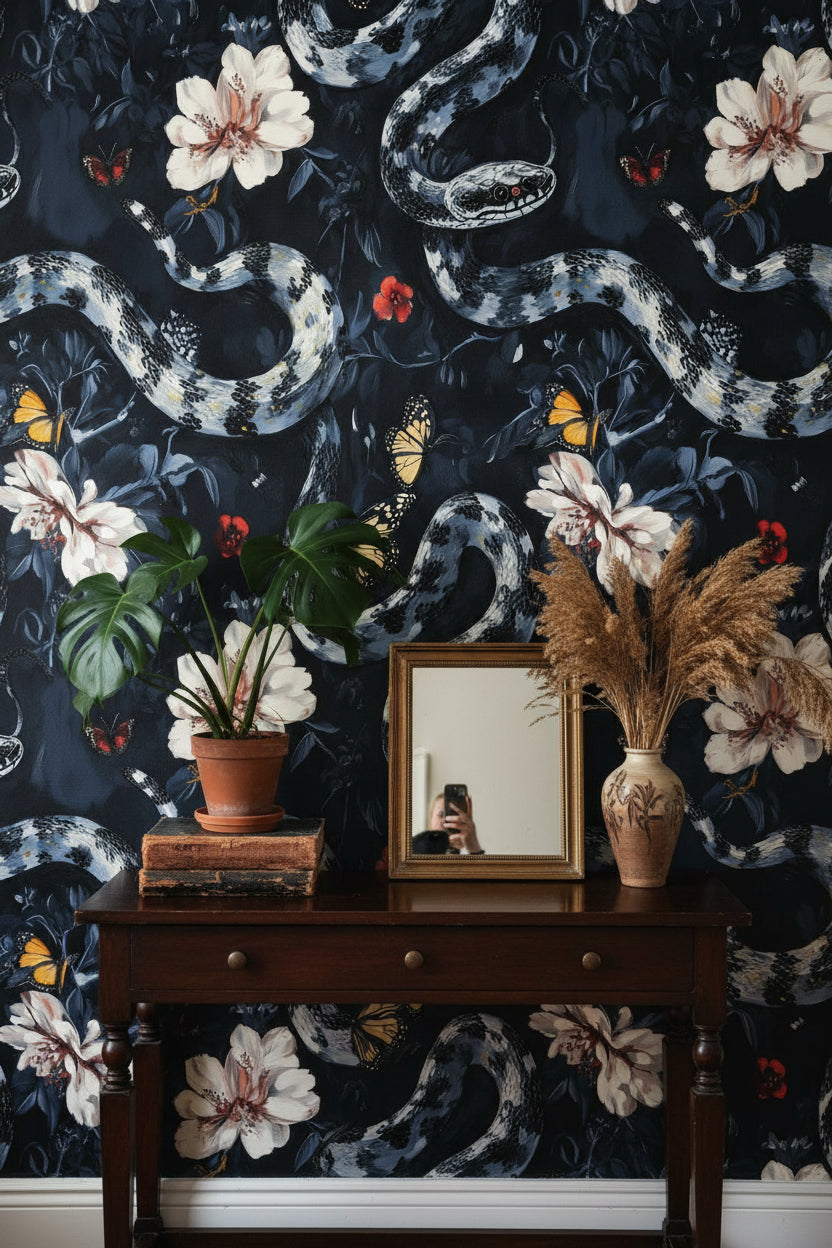 Dark Floral and Serpentine Motif Wallpaper