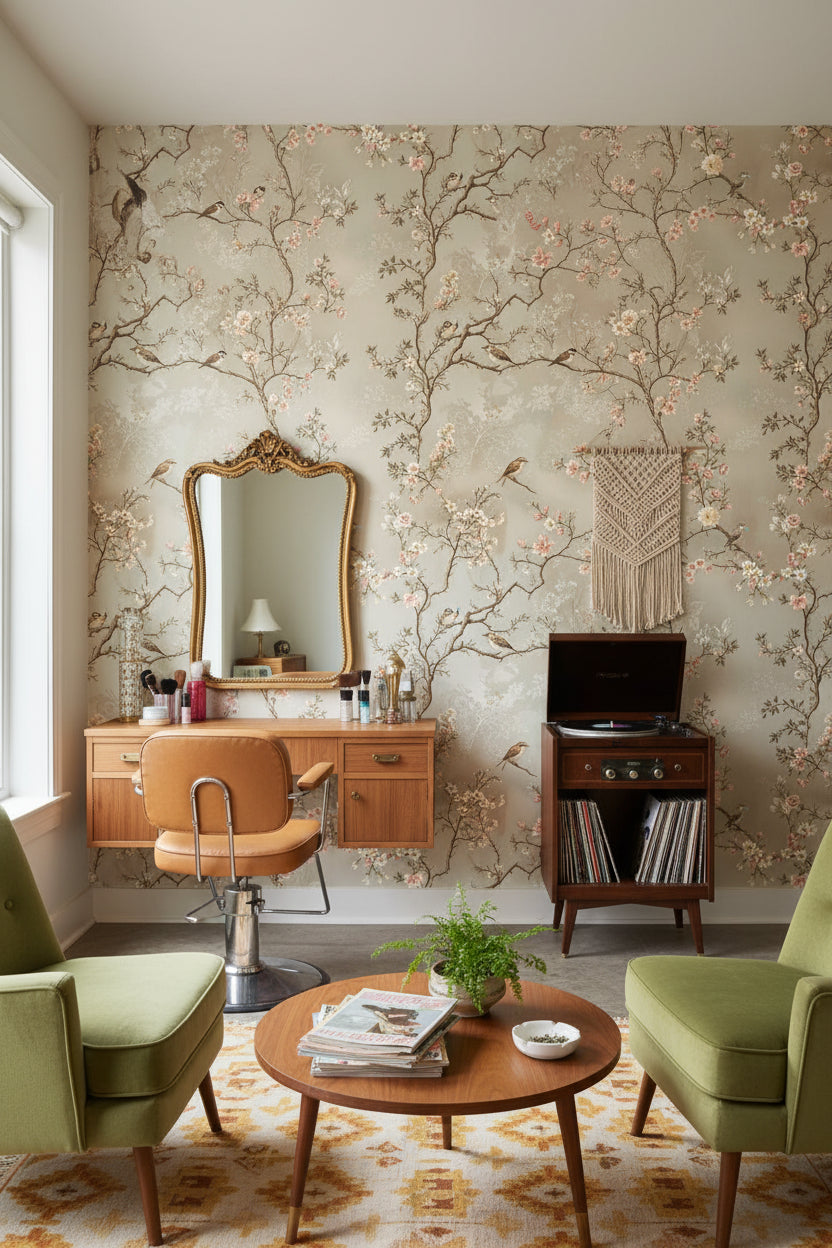 Beige Cherry Blossom Bird Botanical Wallpaper