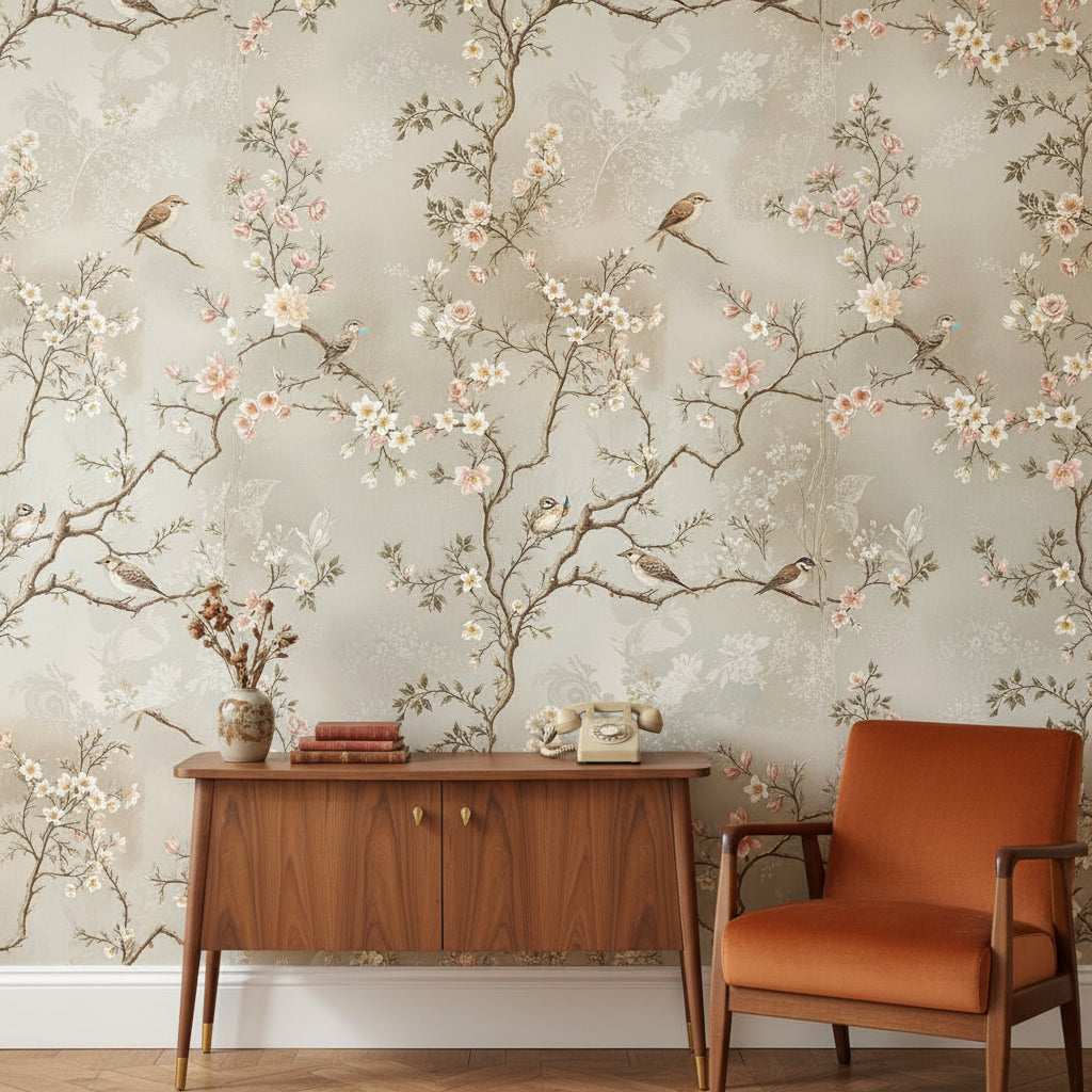 Floral Wallpaper Birds Vintage Wall Mural