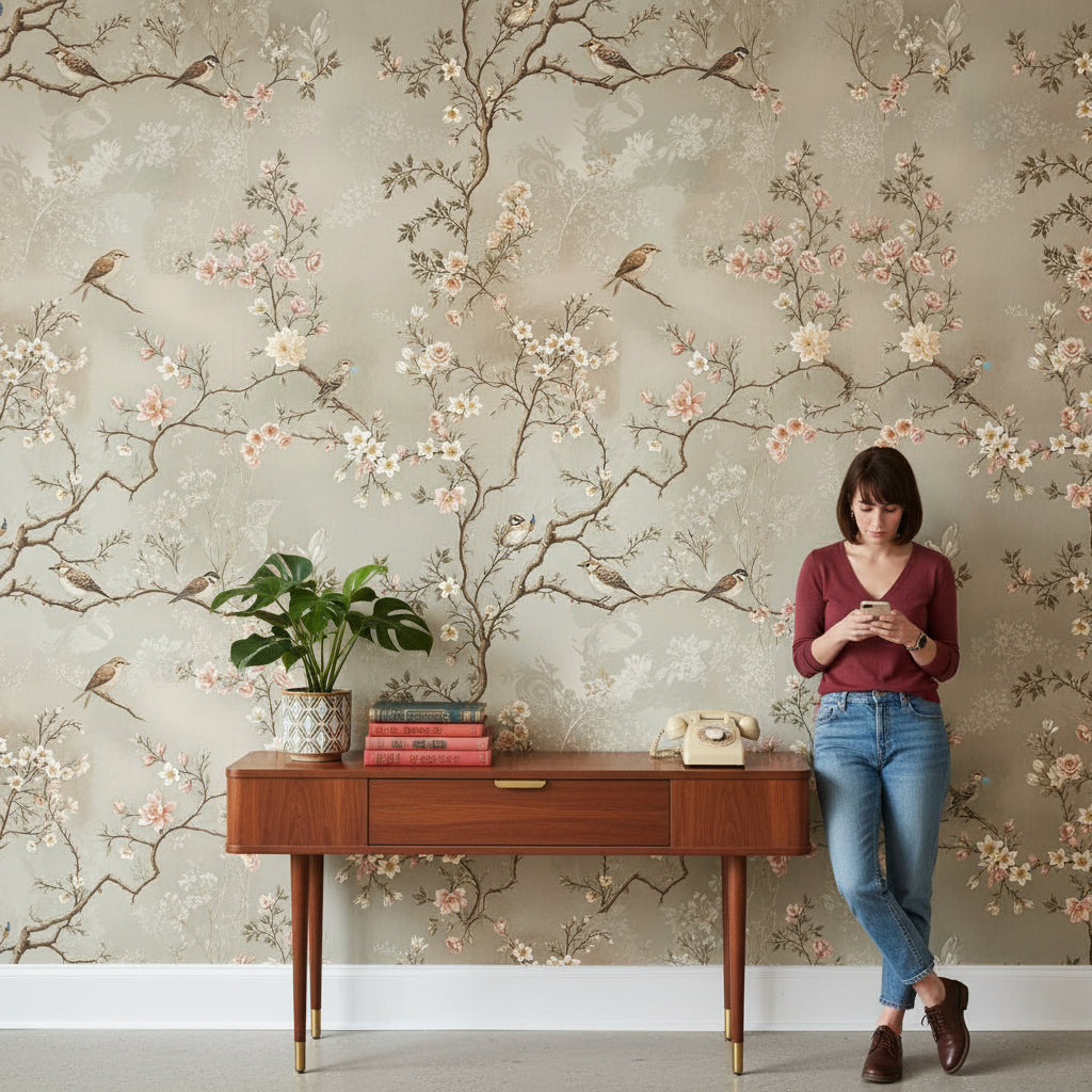 Floral Wallpaper Birds Vintage Wall Mural