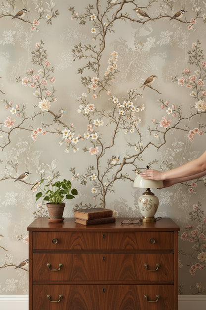 Beige Cherry Blossom Bird Botanical Wallpaper