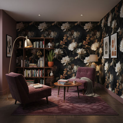 Elegant Ivory Floral on Deep Black Wallpaper