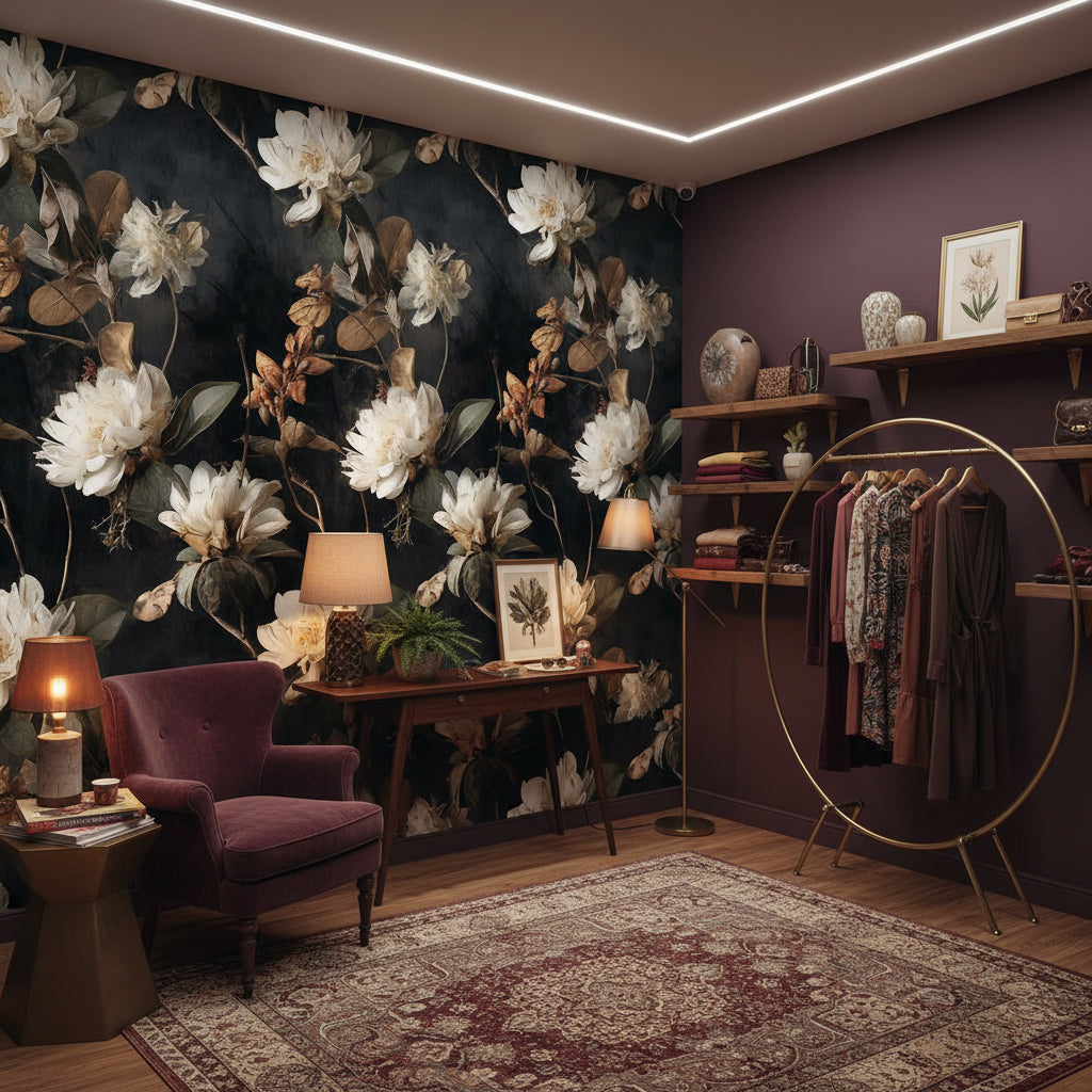 Elegant Ivory Floral on Deep Black Wallpaper