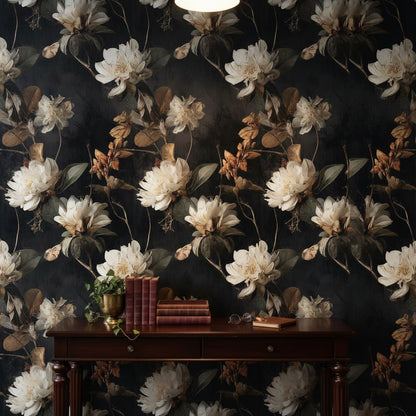 Elegant Ivory Floral on Deep Black Wallpaper