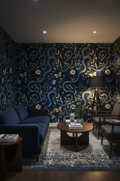 Navy Blue Serpentine Wildflower Wallpaper