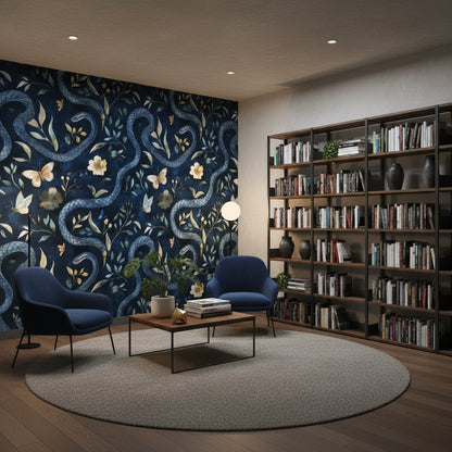 Navy Blue Serpentine Wildflower Wallpaper