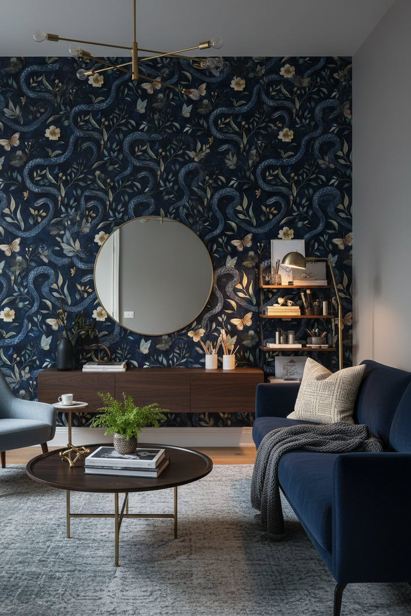 Navy Blue Serpentine Wildflower Wallpaper