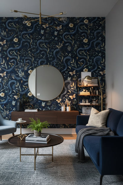 Navy Blue Serpentine Wildflower Wallpaper