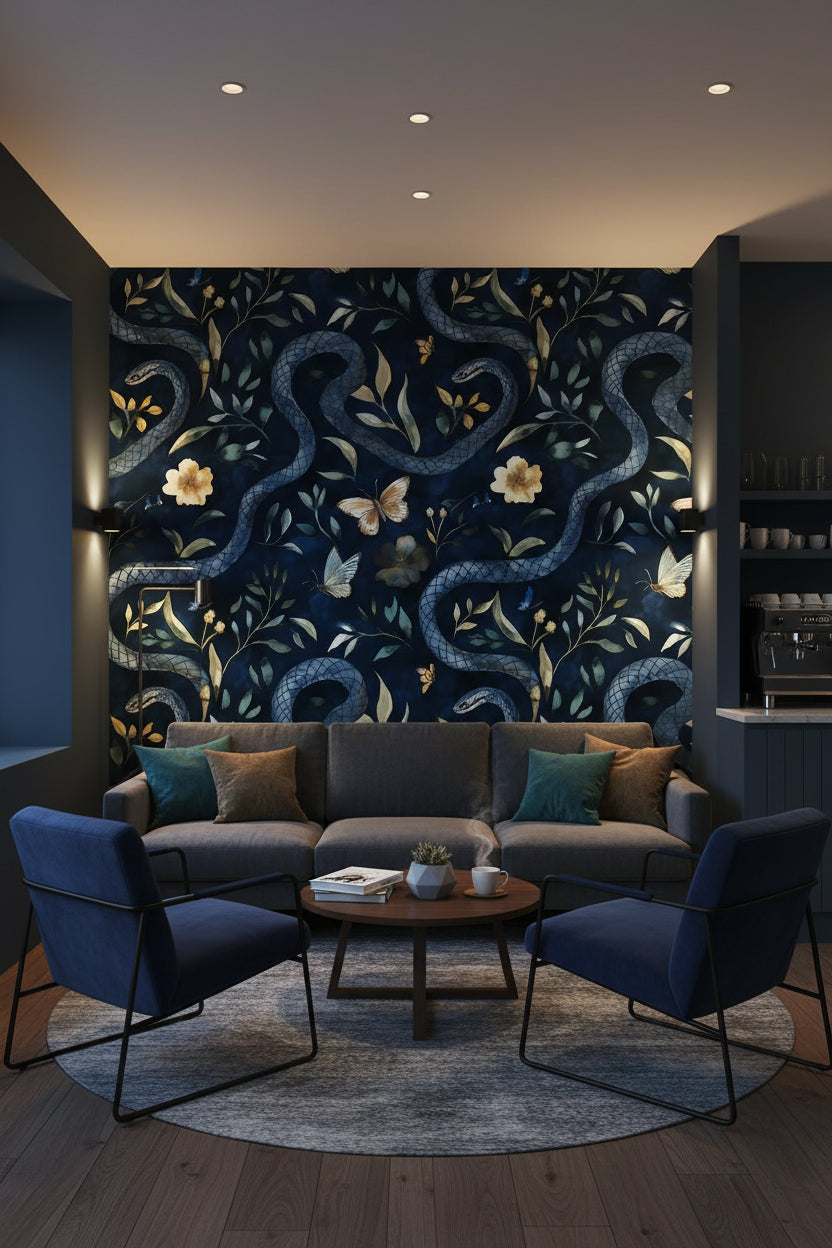 Navy Blue Serpentine Wildflower Wallpaper