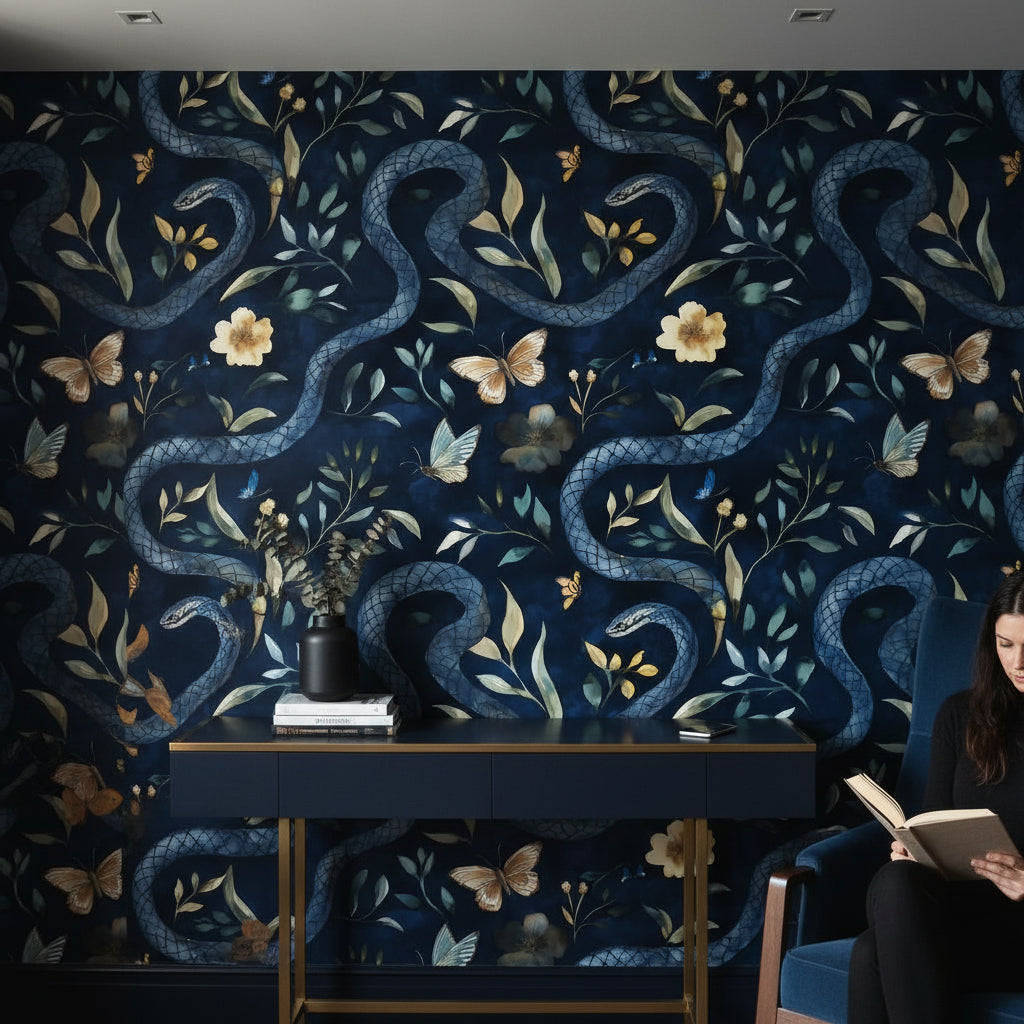 Navy Blue Serpentine Wildflower Wallpaper