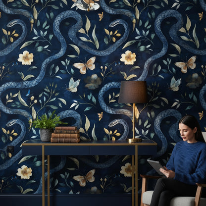 Navy Blue Serpentine Wildflower Wallpaper