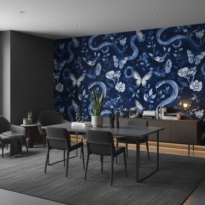 Dark Navy Blue Snake and Butterfly Floral Wallpaper