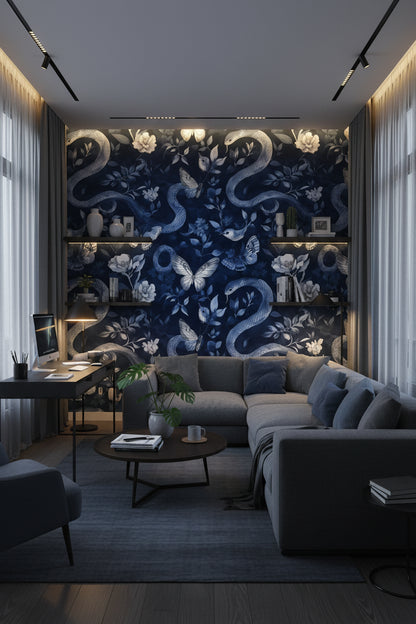 Dark Navy Blue Snake and Butterfly Floral Wallpaper