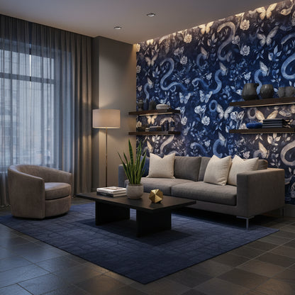 Dark Navy Blue Snake and Butterfly Floral Wallpaper