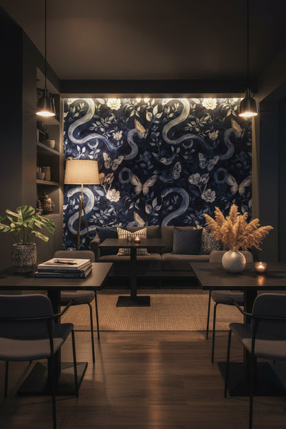 Dark Navy Blue Snake and Butterfly Floral Wallpaper