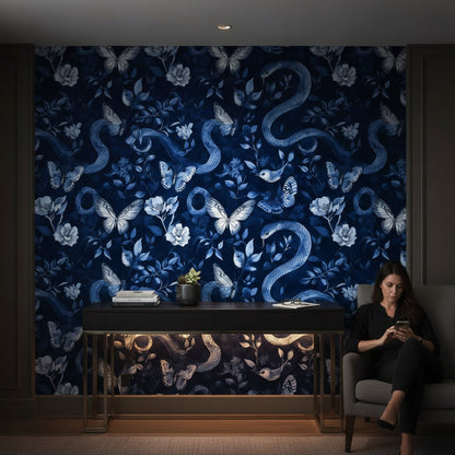 Dark Navy Blue Snake and Butterfly Floral Wallpaper