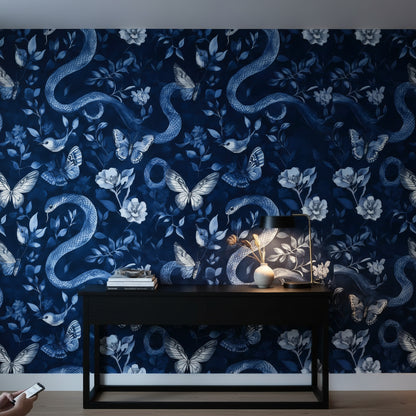 Dark Navy Blue Snake and Butterfly Floral Wallpaper