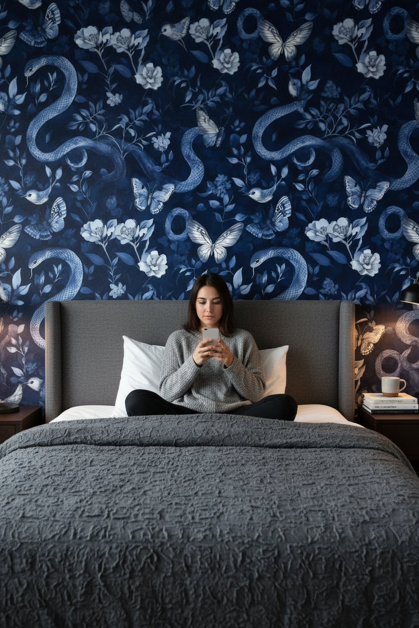 Dark Navy Blue Snake and Butterfly Floral Wallpaper