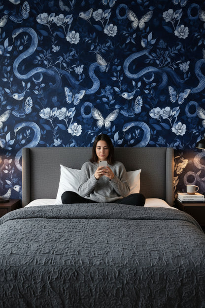 Dark Navy Blue Snake and Butterfly Floral Wallpaper