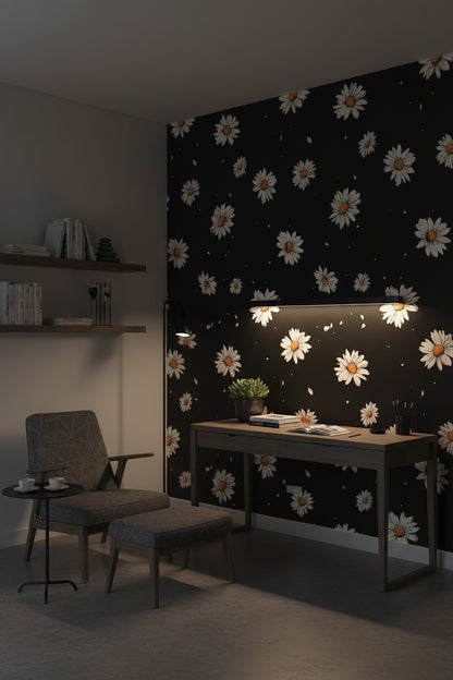 Black Background Daisy Floral Wallpaper