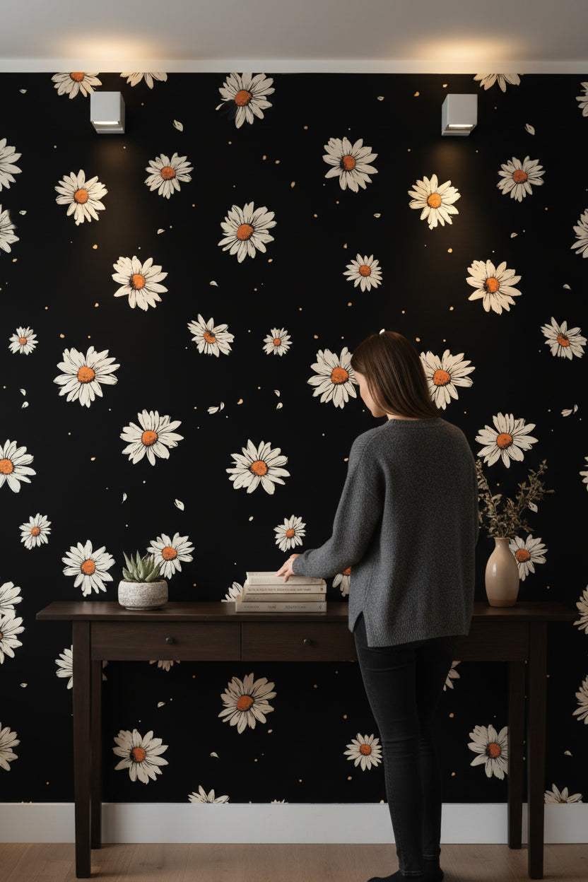 Black Background Daisy Floral Wallpaper