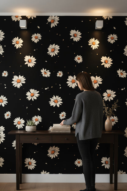 Black Background Daisy Floral Wallpaper