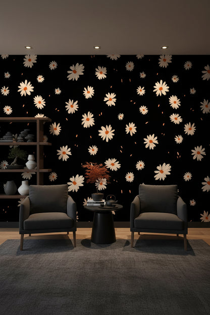 Black and Cream Daisy Floral Wallpaper