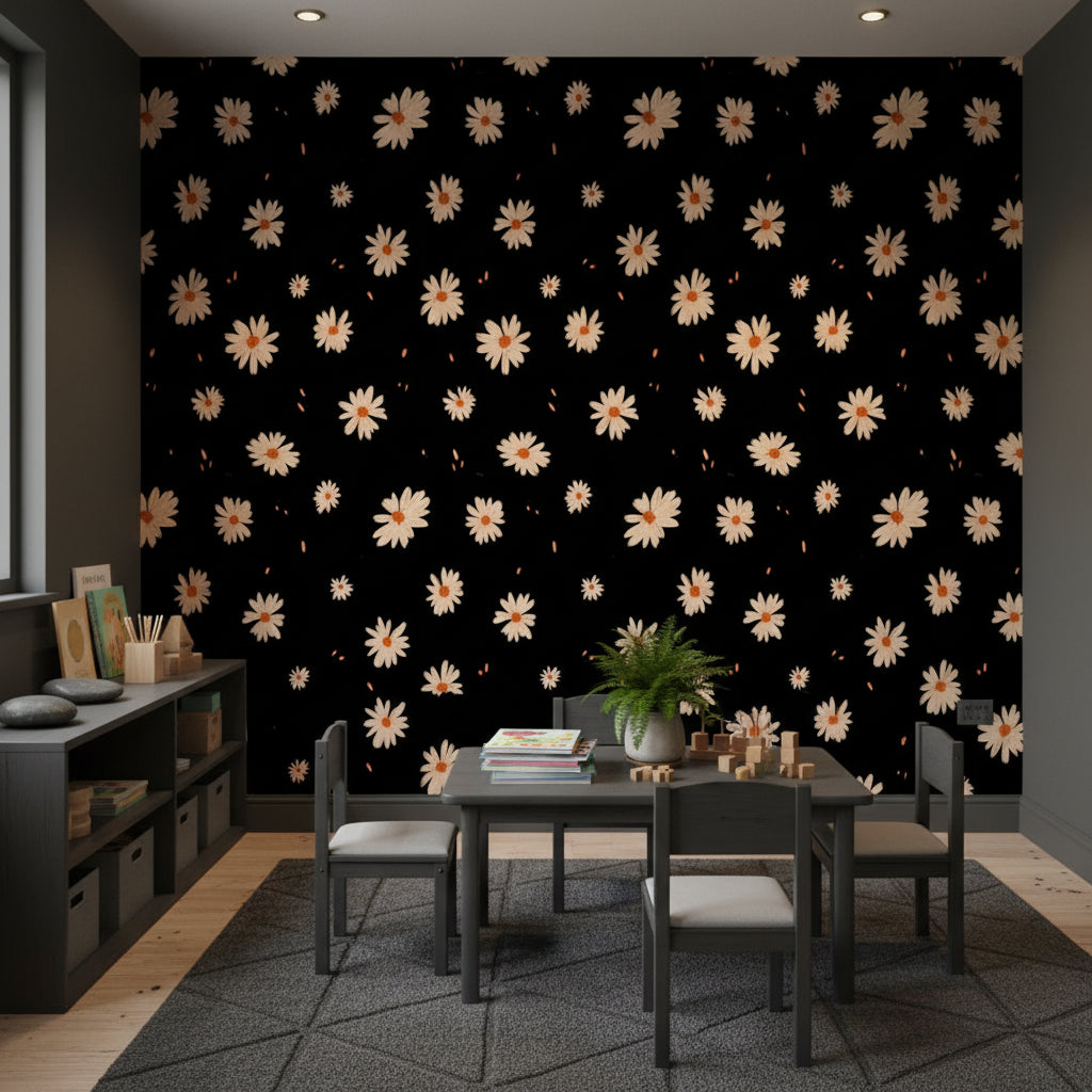Black and Cream Daisy Floral Wallpaper