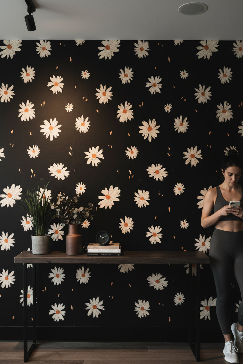 Black and Cream Daisy Floral Wallpaper