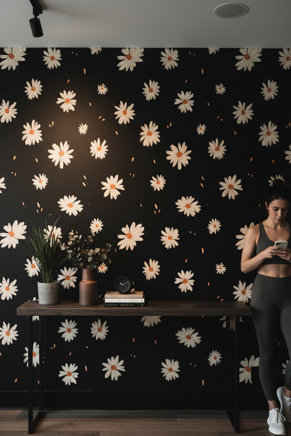 Black and Cream Daisy Floral Wallpaper