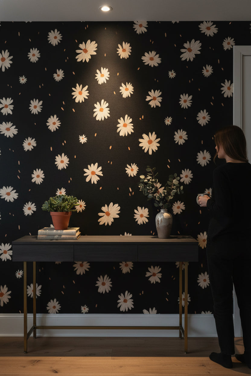 Daisies Wallpaper Black Background Removable Modern Wall Double Roll