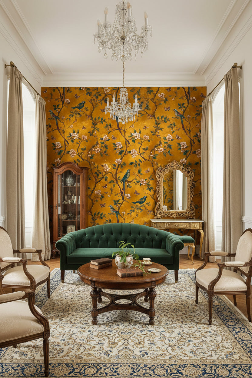 Golden Look Look Chinoiserie Bird and Blossom Wallpaper