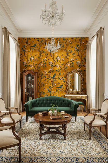 Golden Look Look Chinoiserie Bird and Blossom Wallpaper