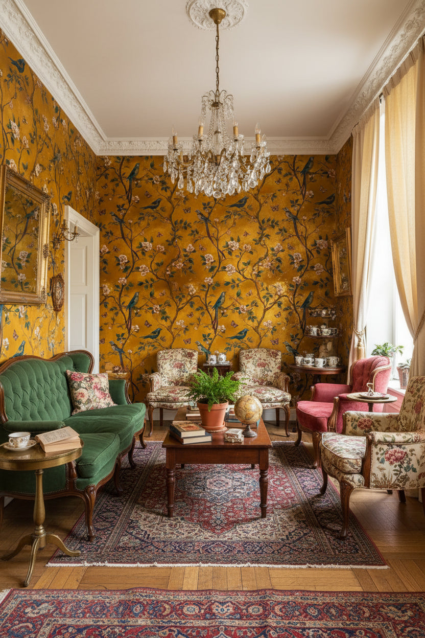 Golden Look Look Chinoiserie Bird and Blossom Wallpaper
