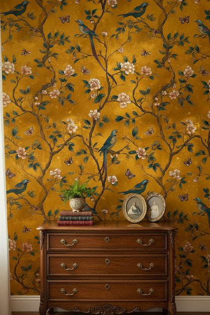 Golden Look Look Chinoiserie Bird and Blossom Wallpaper