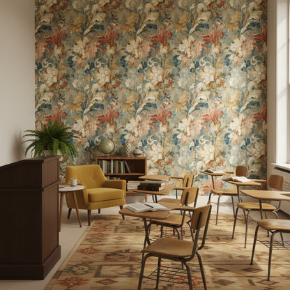 Vintage Blue and Cream Large Floral Wallpaper