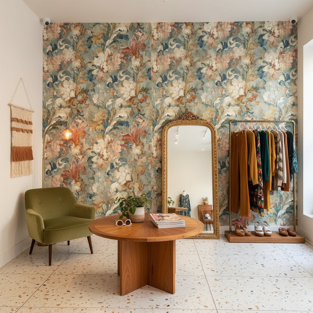 Vintage Blue and Cream Large Floral Wallpaper