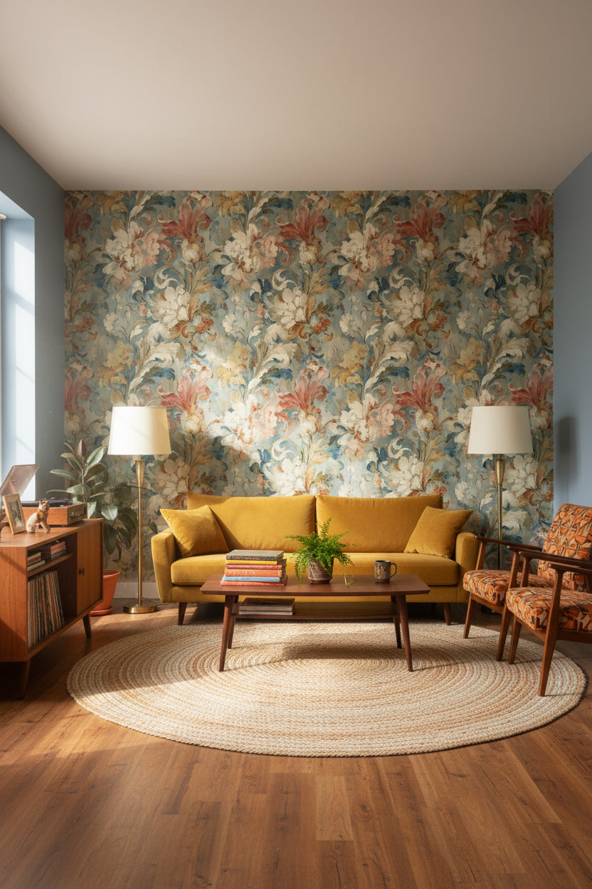 Floral Wallpaper Vintage Blue Wall Mural