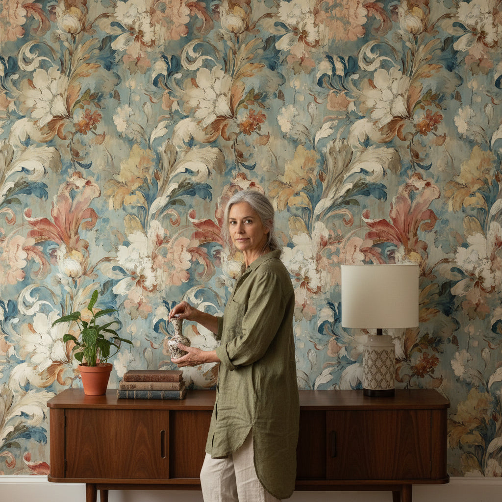 Vintage Blue and Cream Large Floral Wallpaper