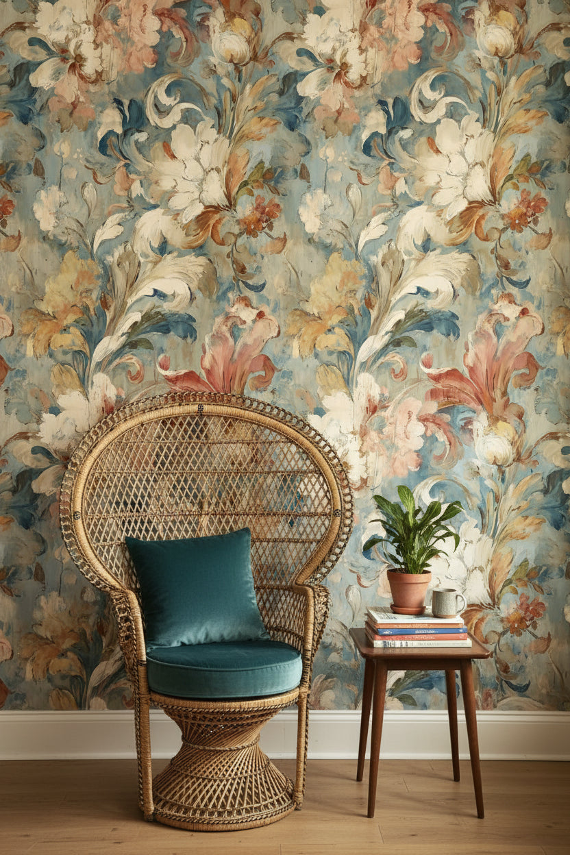 Floral Wallpaper Vintage Blue Wall Mural