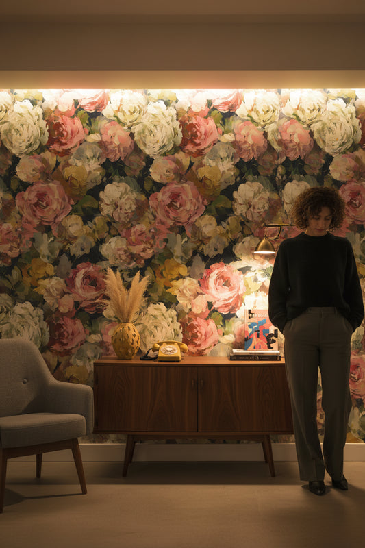 Vintage Floral Wallpaper Dark Roses Wall Decor