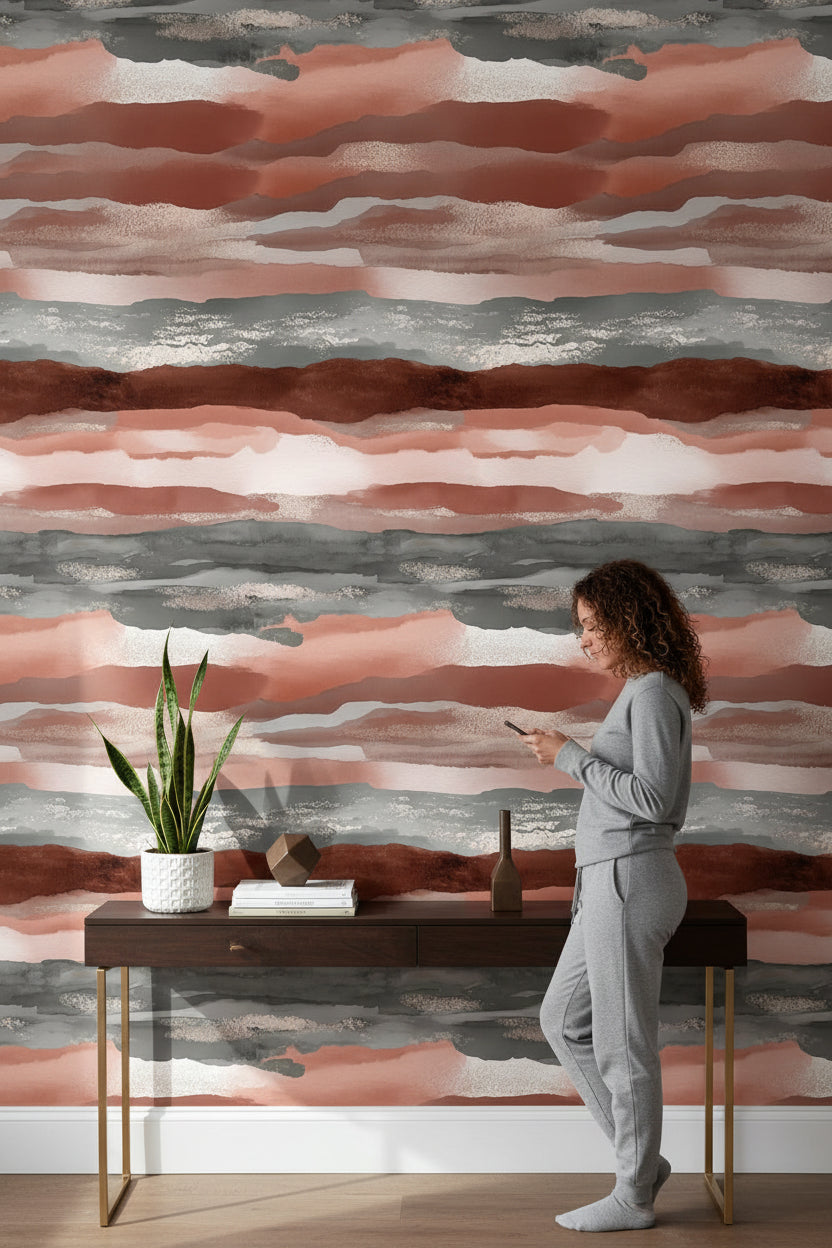 Warm Terracotta and Gray Abstract Stripe Wallpaper