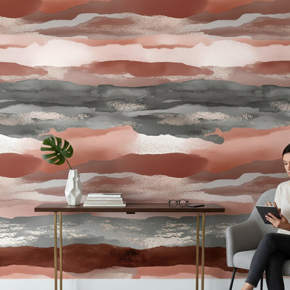 Warm Terracotta and Gray Abstract Stripe Wallpaper