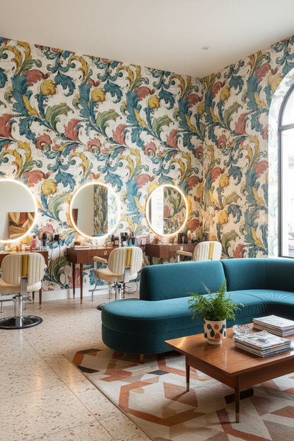Multicolor Baroque Floral Swirl Wallpaper