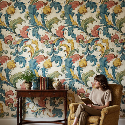 Multicolor Baroque Floral Swirl Wallpaper