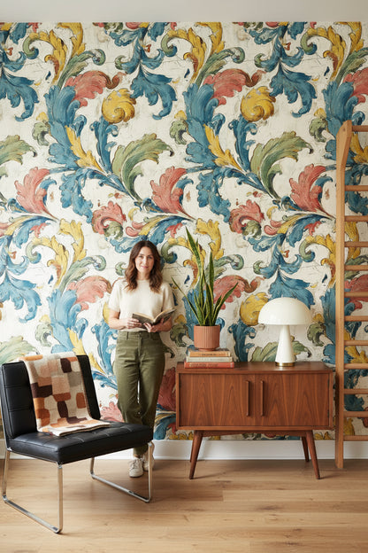 Multicolor Baroque Floral Swirl Wallpaper