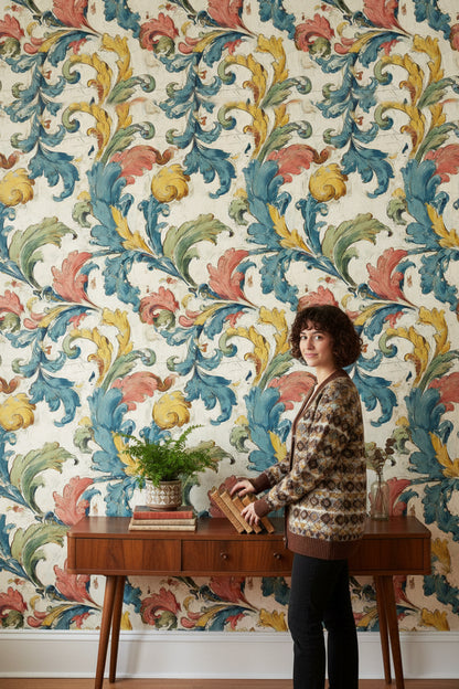 Multicolor Baroque Floral Swirl Wallpaper